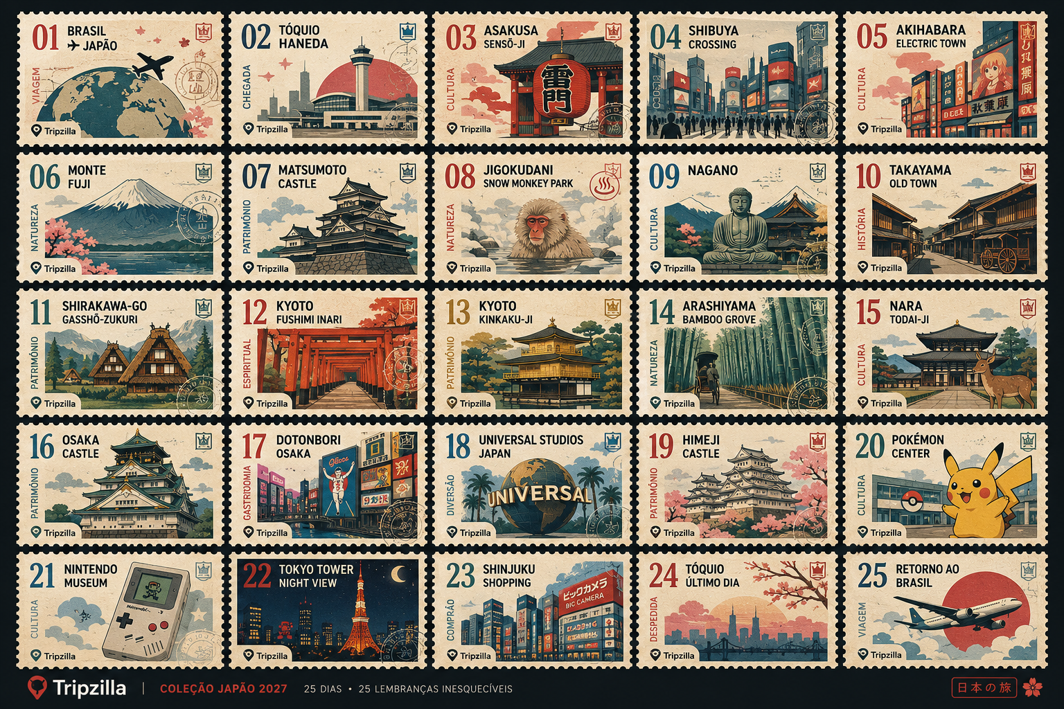 Coleção visual dos 25 selos da viagem Japão 2027